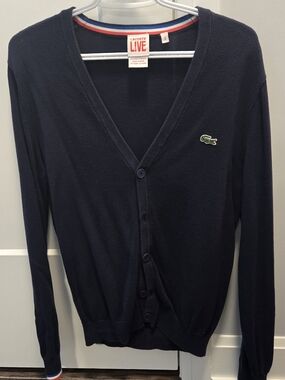 Lacoste LIVE Men's Navy Button-Front Cardigan with Green Crocodile Logo